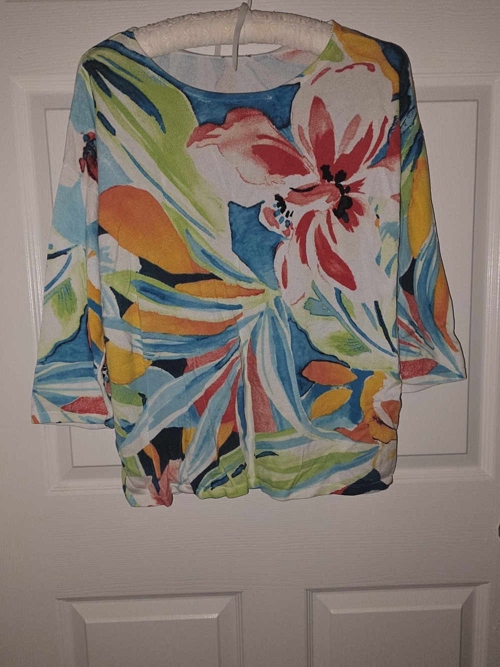 Chico's Floral Watercolor Pullover Sweater in Blue, Yellow, Orange, Green, Pink